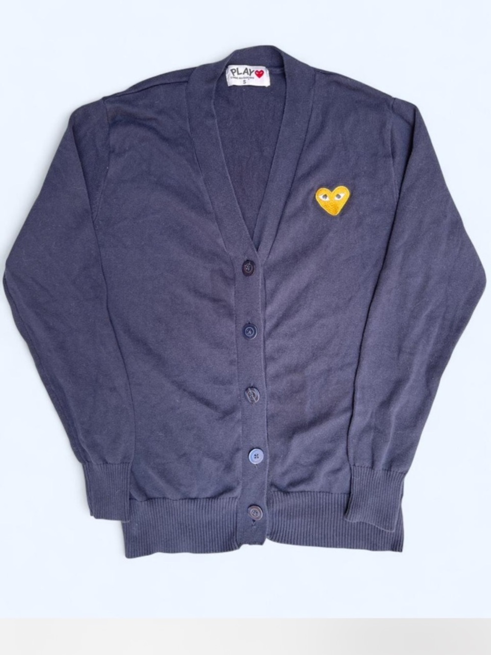 Comme des Garçons Play Navy Cardigan with Yellow Heart Patch minimalist spring S